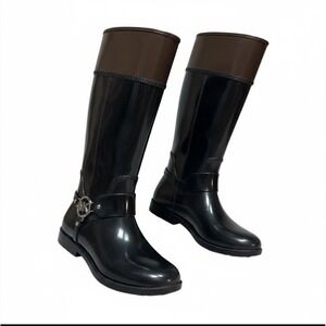 Michael Kors Womens Black Brown Tall Riding‎ Rain Boots MK Logo Size 8
